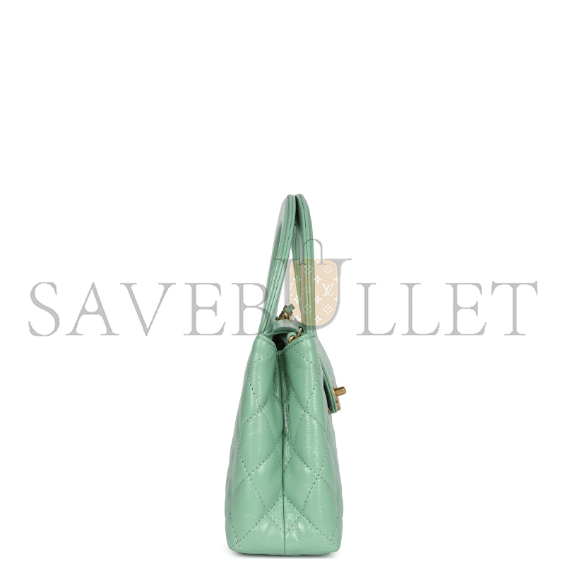 Ch*el kelly shopper light green shiny calfskin brushed gold hardware as4416 (19*13*7cm)